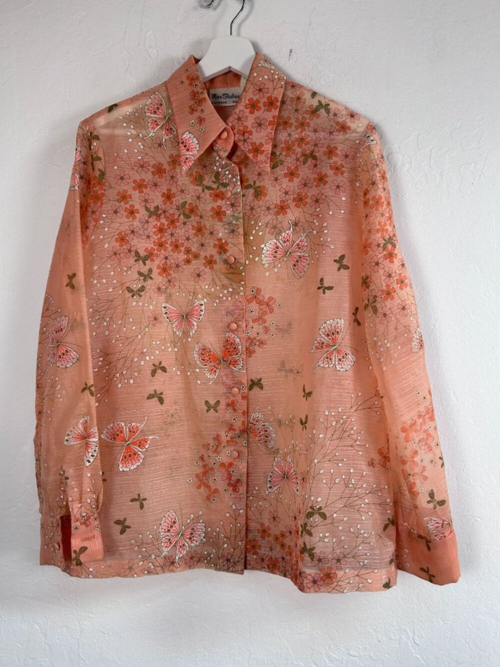 Vintage Miss Shaheen Women Peach Floral Butterfly Button-Up Blouse Shirt Size 14